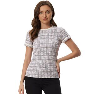 Tweed Top Pearl Trim Crew Neck Short Sleeve Blouse Apricot